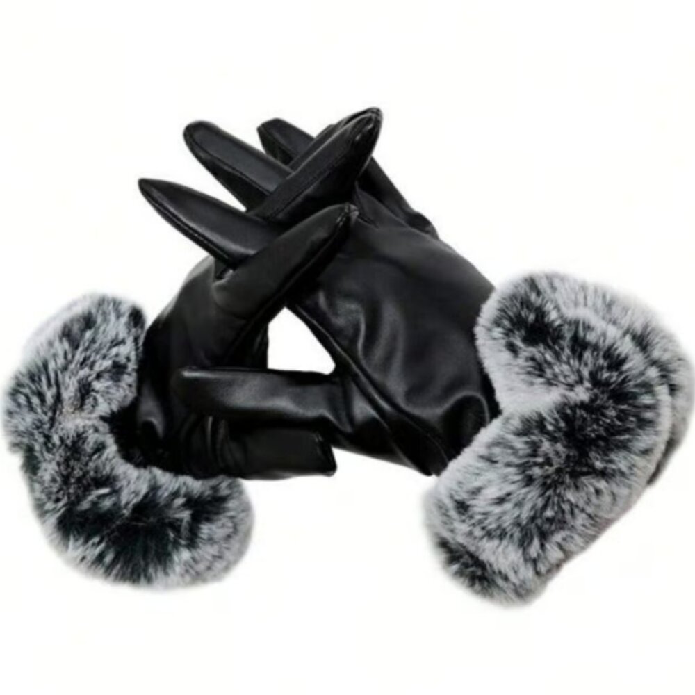 Black Women's Pu Leather Faux fur Gloves NEW mob wife trend winter fashion